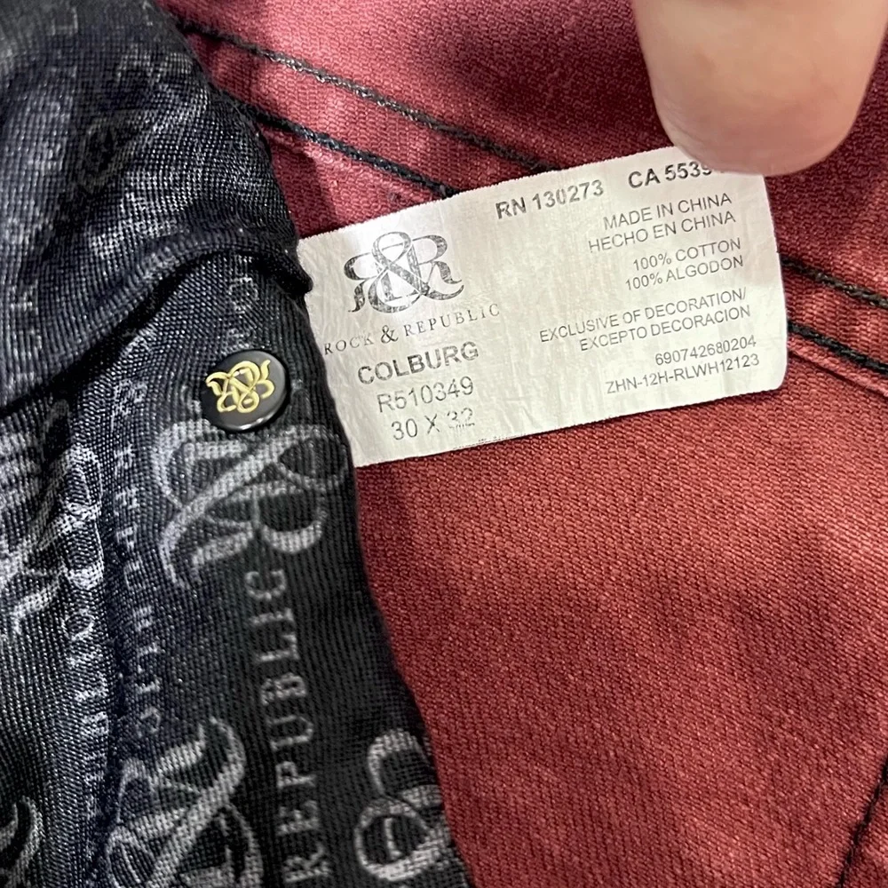 ⭐️ Rock & Republic Men’s Colburg Brick Red Straight Leg Y2K Jeans Size 30x32 - Picture 14 of 16